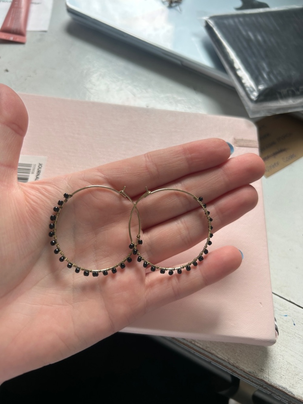 Gold Hoop Earrings with Black Bead Accents - Women Jewelry